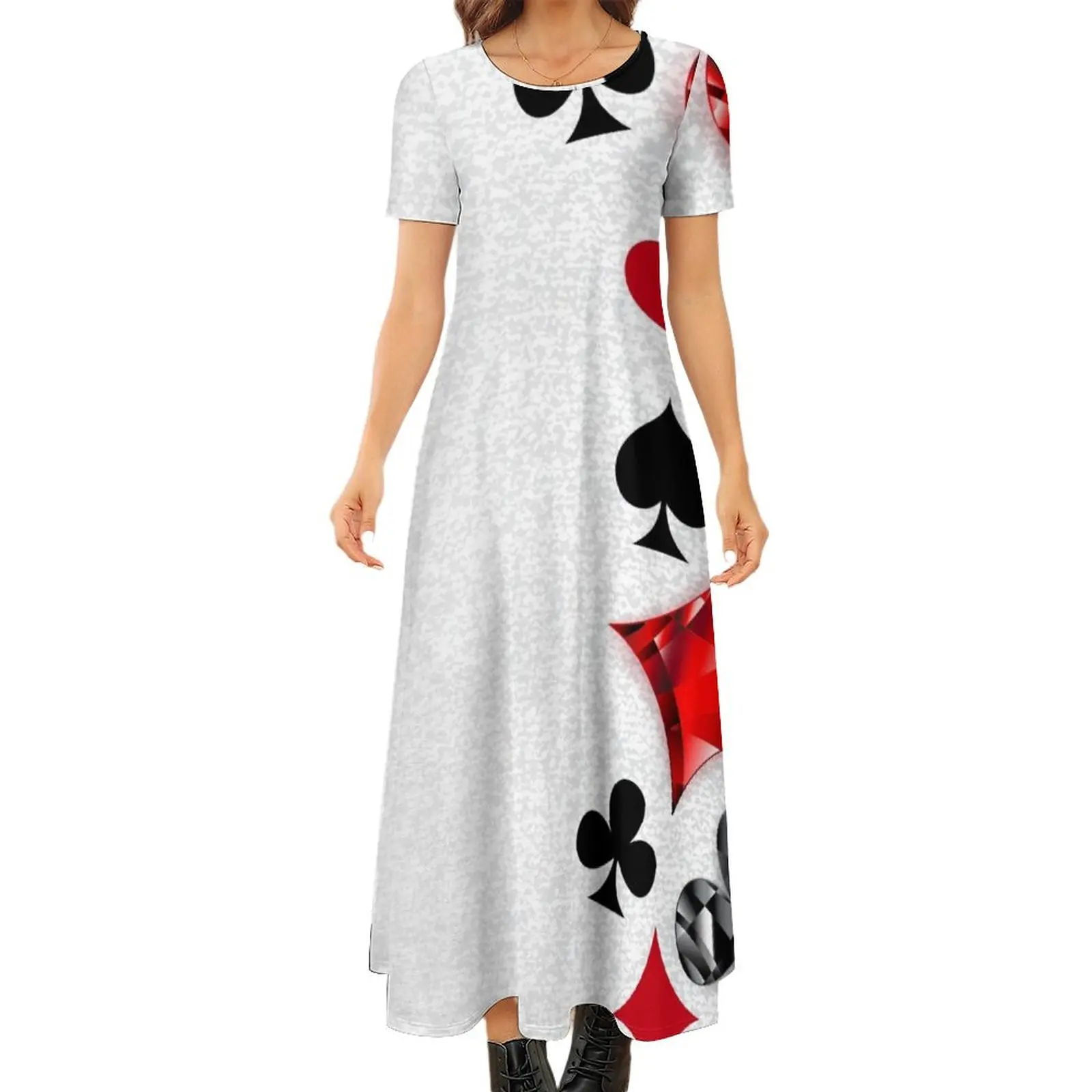 

Gray Background with Polygonal Playing Cards Symbols Round Neck Short Sleeve Dress Dresses Woman clothes