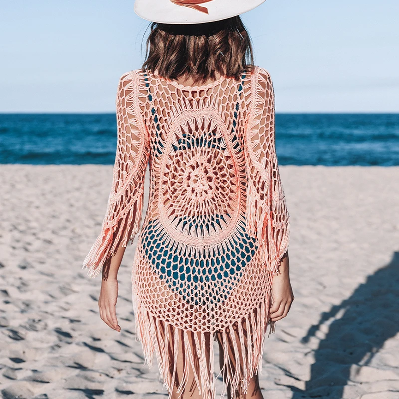 Nuovo stile donna lavorato a maglia all'uncinetto nappa cava bikini cover up sexy trasparente estate spiaggia protezione solare grembiule abito corto