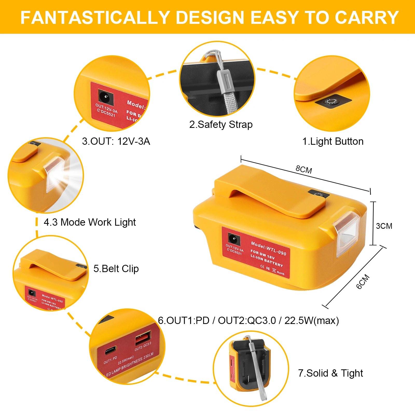 Adaptateur de batterie PD 22.5W pour Dewalt, chargeur rapide QC 3.0 USB C, lumière clignotante DC 12V 3A, 18V, 20V, 54V, 60V