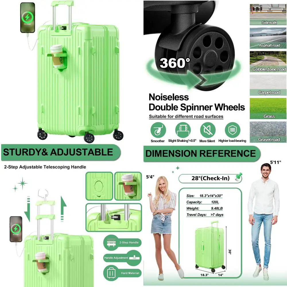 Maleta giratoria de doble rueda con puerto USB, portavasos, cerradura TSA, equipaje rígido de PC + ABS, 28 pulgadas para viajes
