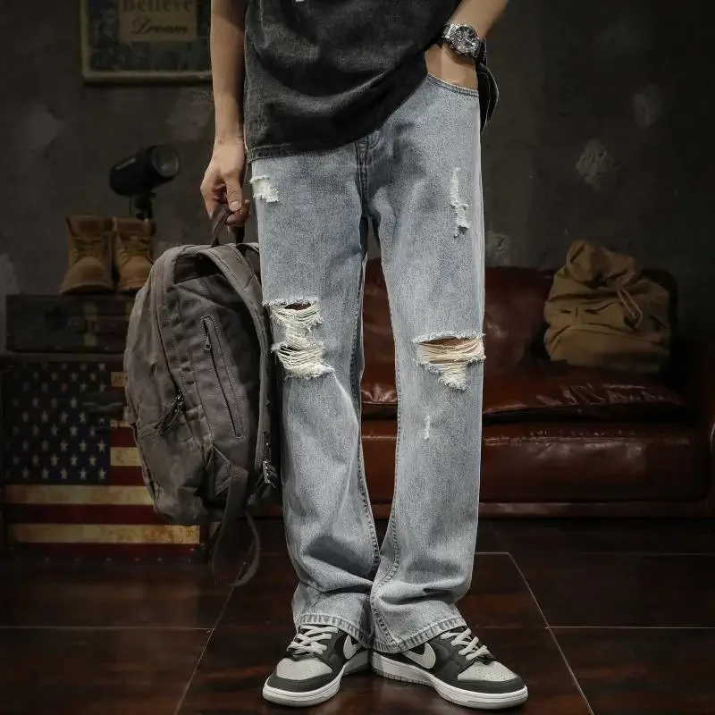 

Broken Hole Jeans Men's Summer Thin Style American Washed Distressed Street Straight Leg Casual Long Pants