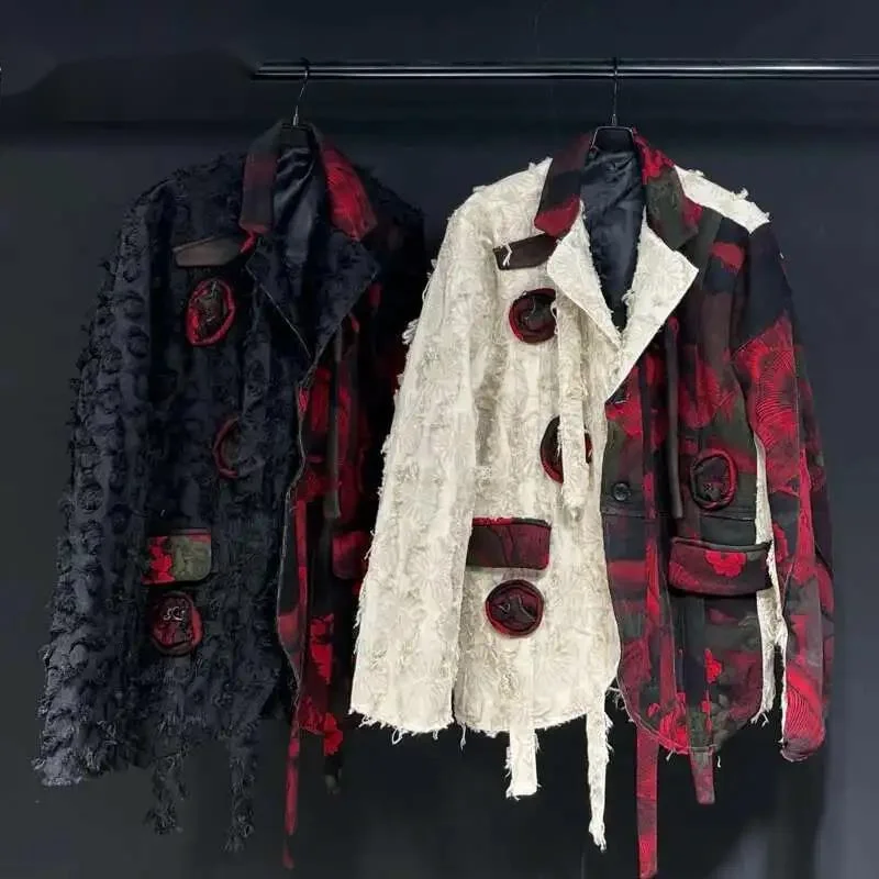 Design Silhouette Suit Jacket Autumn 2024 New Loose Slimming Splicin Knitted Red Flowers Contrast Color Mal SDE45