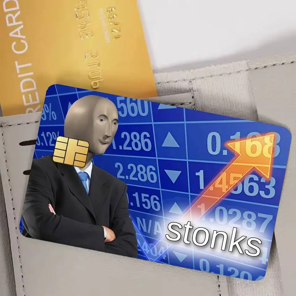 Funny Stonks Bank Credit Cards Bus Pass Stickers Cool Decoration Waterproof 4PCS Card