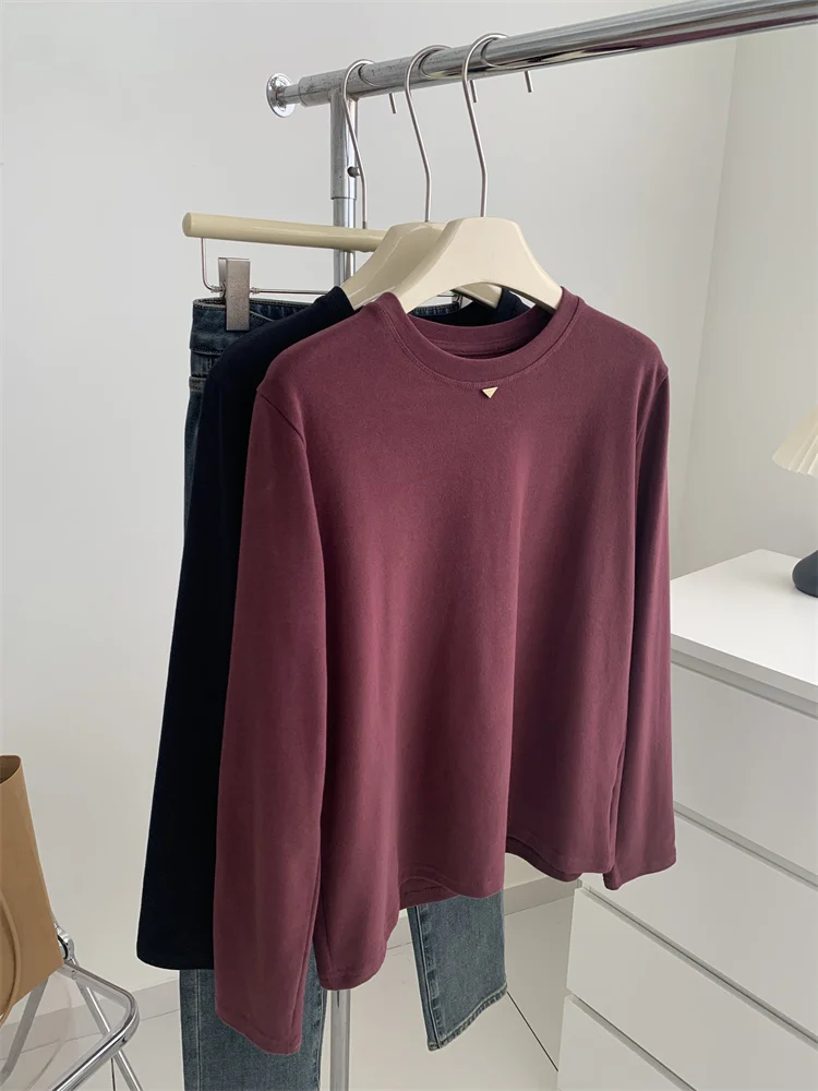 Triangle Gold Plate Base Shirt for Women, Basic Solid Color, Round Neck, Long Sleeved T-shirt, Autumn, 2024