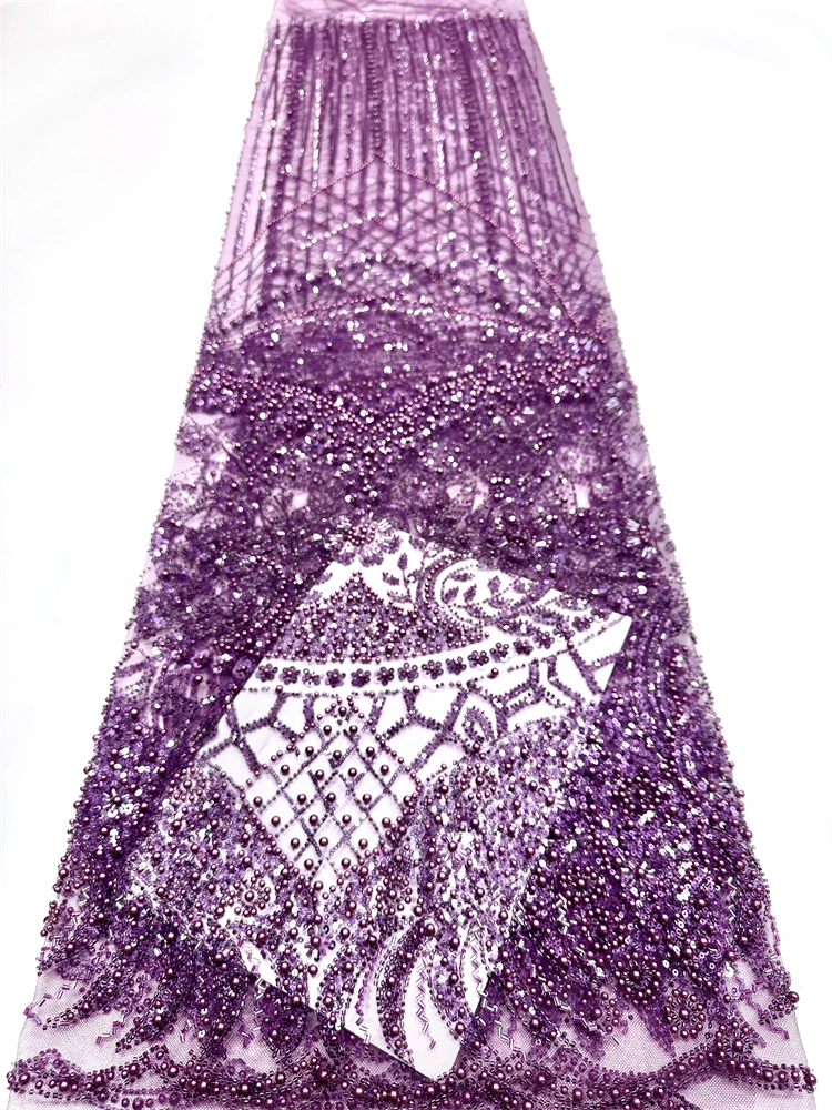 

Luxury Hand Beaded Lace Fabric Bridal Fabric High-end Wedding Fabrics French Nigerian Sequins Beads Embroidered on Tulle 5 Yards