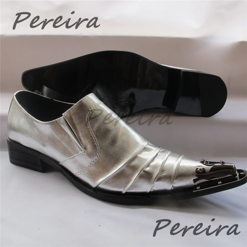 

Silver Iron Pointed Toe Men's Formal Shoes British Trendy Wrinkled Design Genuine Leather Loafers Party Wedding Dress Shoes