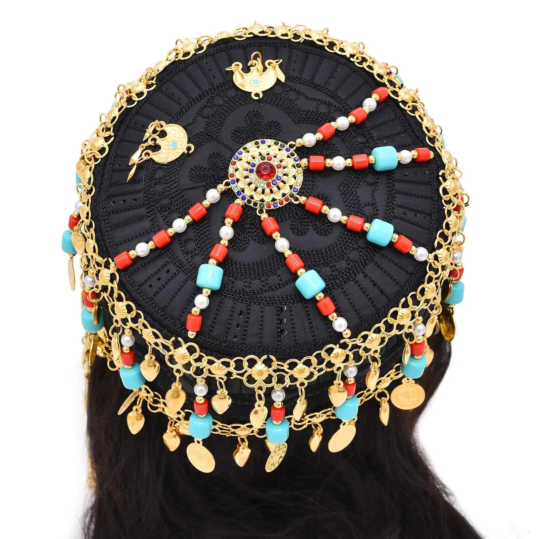 Style Women Cap Hair Jewelry Hat  turquoise Red Crystal Long Tassel Bohemian Ethnic Statement Headband for Women Accessories