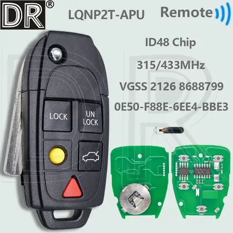 DR LQNP2T-APU ID48칩 315/433MHz 플립 자동차 원격 제어 키 8688799 볼보 C30 S40 V50 S60 S70 V70 XC70 S80 2004-2015
