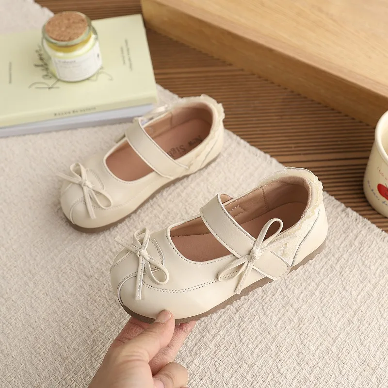 

Spring Autumn Girls Ballet Flat Shoes New Elegant Bow Children Dress Mary Jane Shoes Toddlers Kids Leather Shoes with Lace Trim