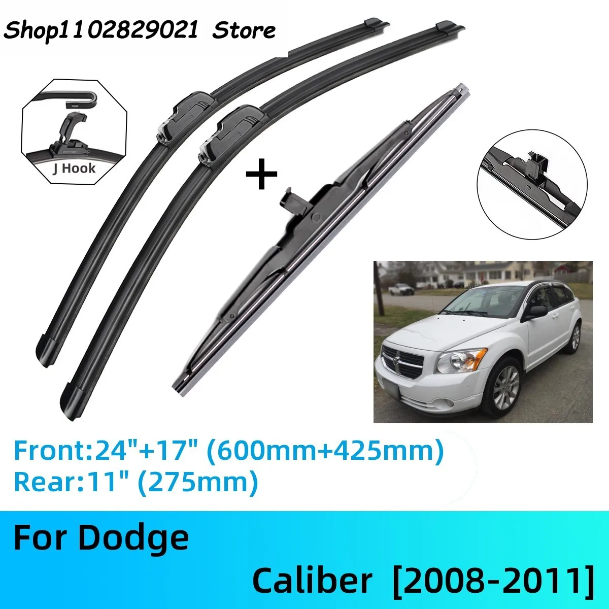 

For Dodge Caliber Front Rear Wiper Blades Brushes Cutter Accessories J U Hook 2008-2011 2008 2009 2010 2011