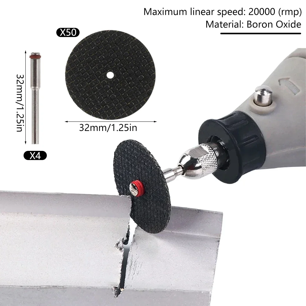 50 szt. Tarcz tnących z włókna szklanego 32mm + 4 szt. trzpieni obrotowych do akcesoriów Dremel, narzędzie obrotowe do cięcia metalu, brzeszczot. — zdjęcie 4