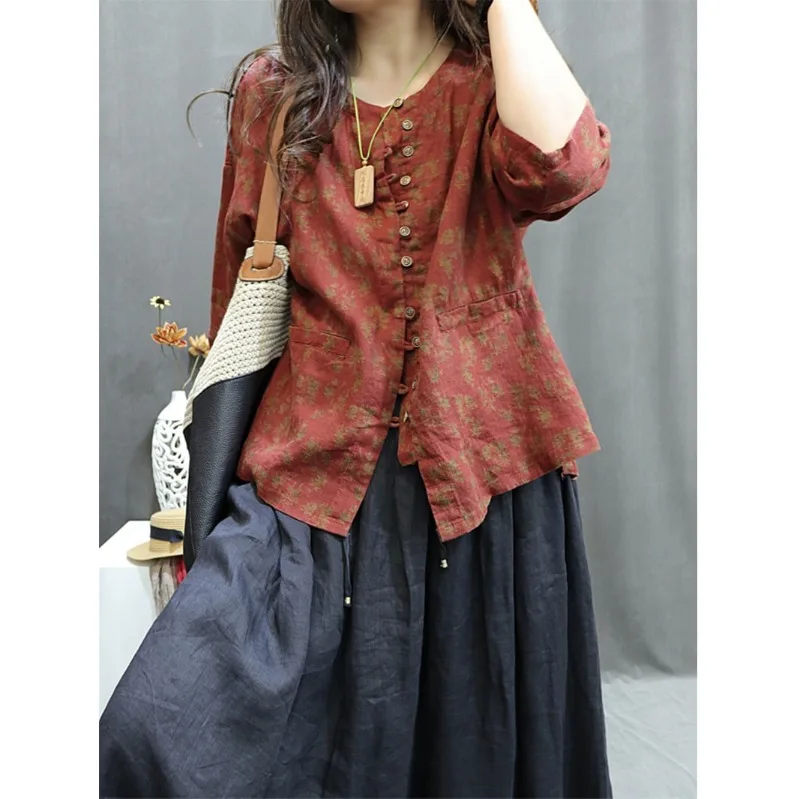 

Retro Ethnic Sle Cotton Linen Women's Spring New Print Worn-In Top Versatile Trendy Linen Outerwear ort Jaets