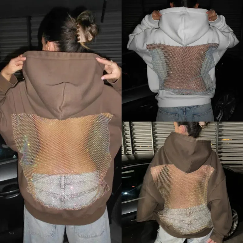 

Mesh Solid Color Backless Hollow Hooded Sweatshirt For Women Y2K Fashion Retro Splicing Pullover Sweatshirt Personality Top New