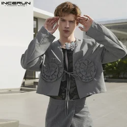 INCERUN Men's Blazer Flower Patchwork Long Sleeve Open Stitch Casual Suits Men Lace Up Streetwear 2024 Spring Fashion Male Coats