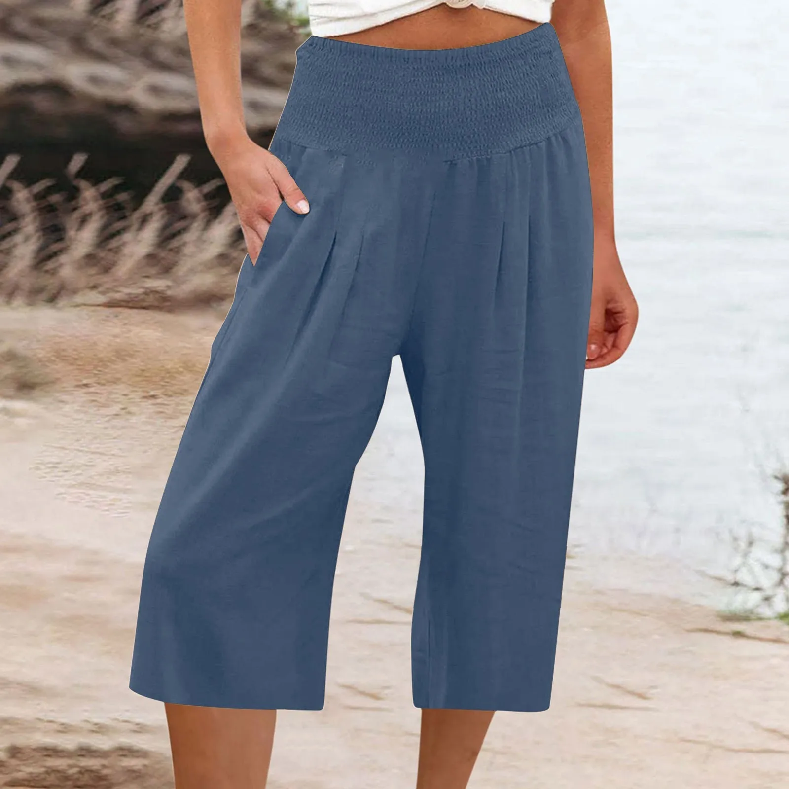 Simplicity Comfortable Trousers Women's Cotton And Linen Solid Color Elasticated Waist Casual Pants Loose Sports Capri Pants