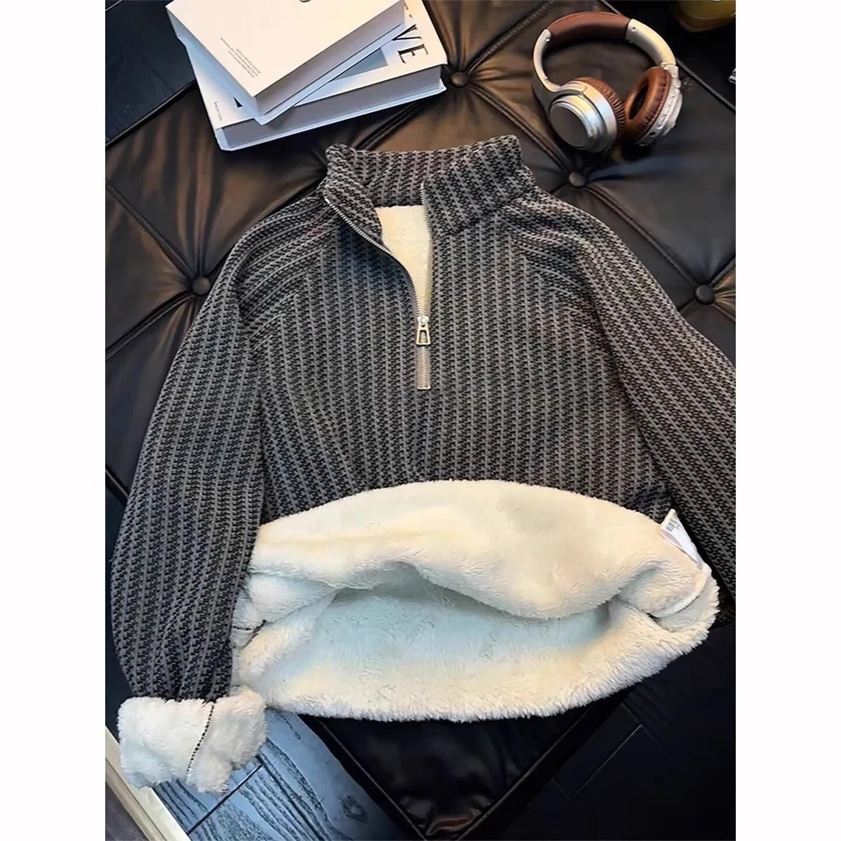 

Мужская вязаная шерстяная куртка на молнии с воротником-стойкой, осенне-зимняя, модная, из полиэфирного волокна, свободного кроя, для молодежи