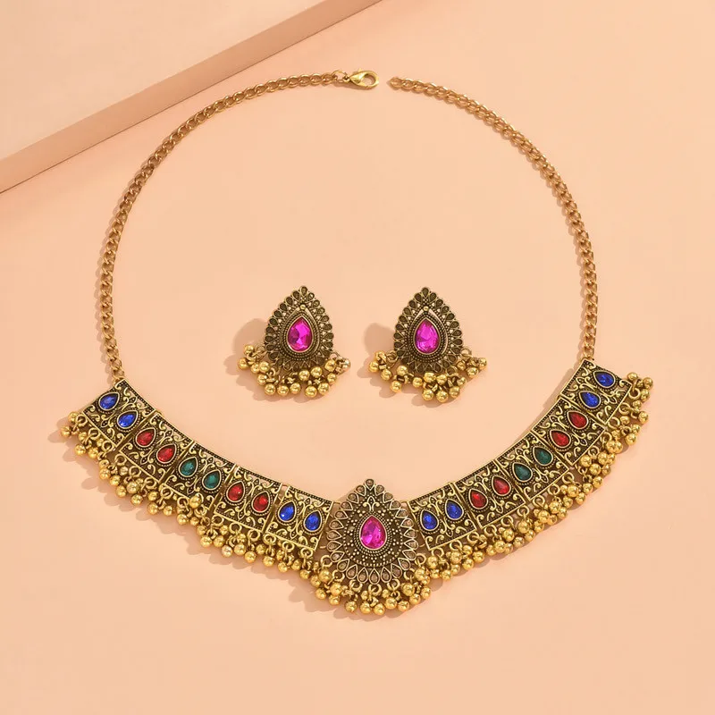 New Vintage Jewelry Set For Women Tassel Beads Pendant Jewelry Sets Colorful Stone Decoration Necklace Earrings Set For Women