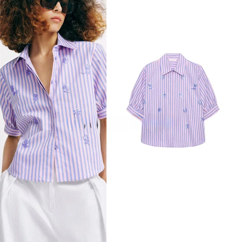 

Summer New Women's Single Row Multi-Buckled Turn-down Collar Bubble Short Sleeve Bead Embellished Striped Short Shirt
