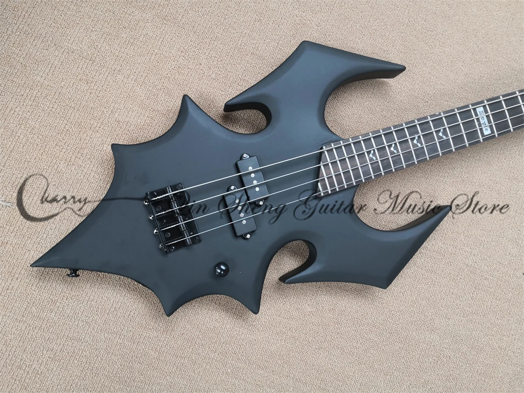 4 Strings Bass Guitar Bat Matte Black Body Rosewood Fingerboard Bat Inlay Fixed Bridge Balck Tuners