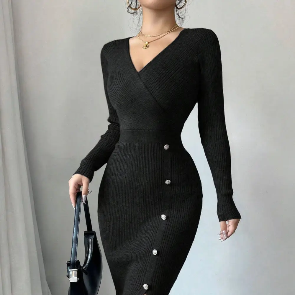 Womens Elegant Knit Dress Autumn Winter Slim Fit Long Sleeve V Neck Bodycon Base Layer Casual Office Commuter Dresses