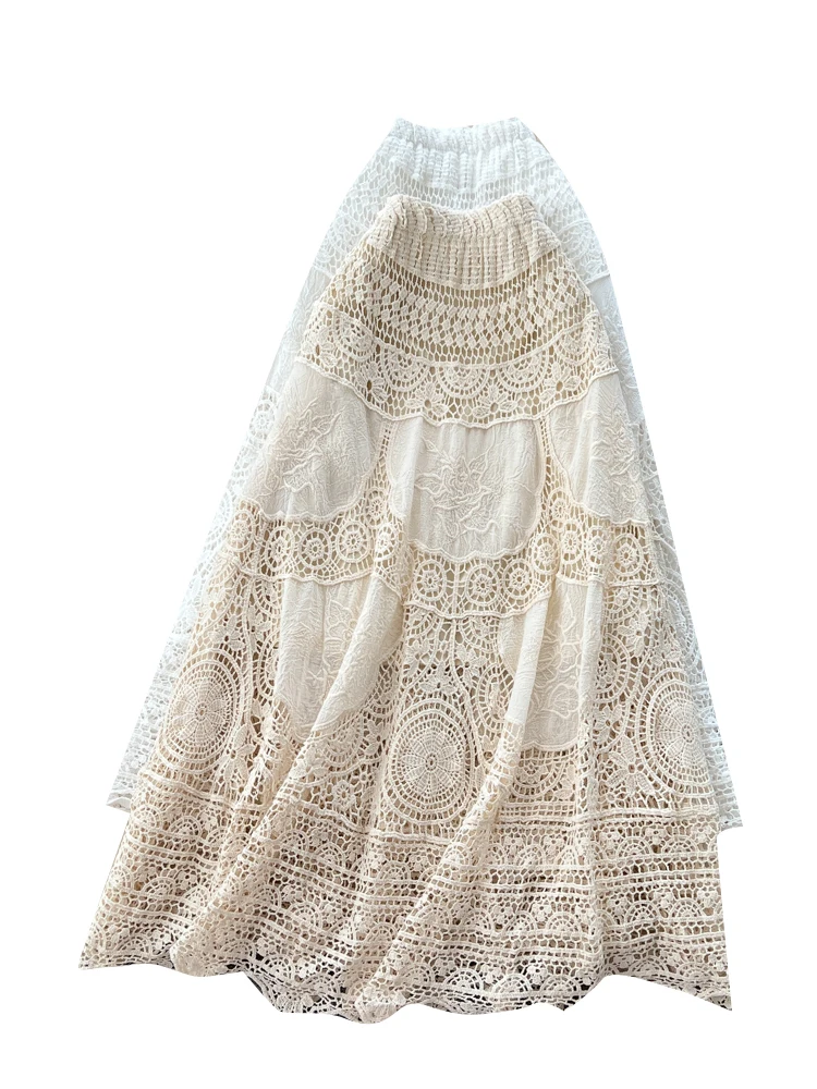 الكورية Sle الحلو الثقيلة التطريز تفريغ الدانتيل ألف خط ميدي تنورة المرأة عالية الخصر التخسيس Ci تخفيف ألياف البوليستر #5
