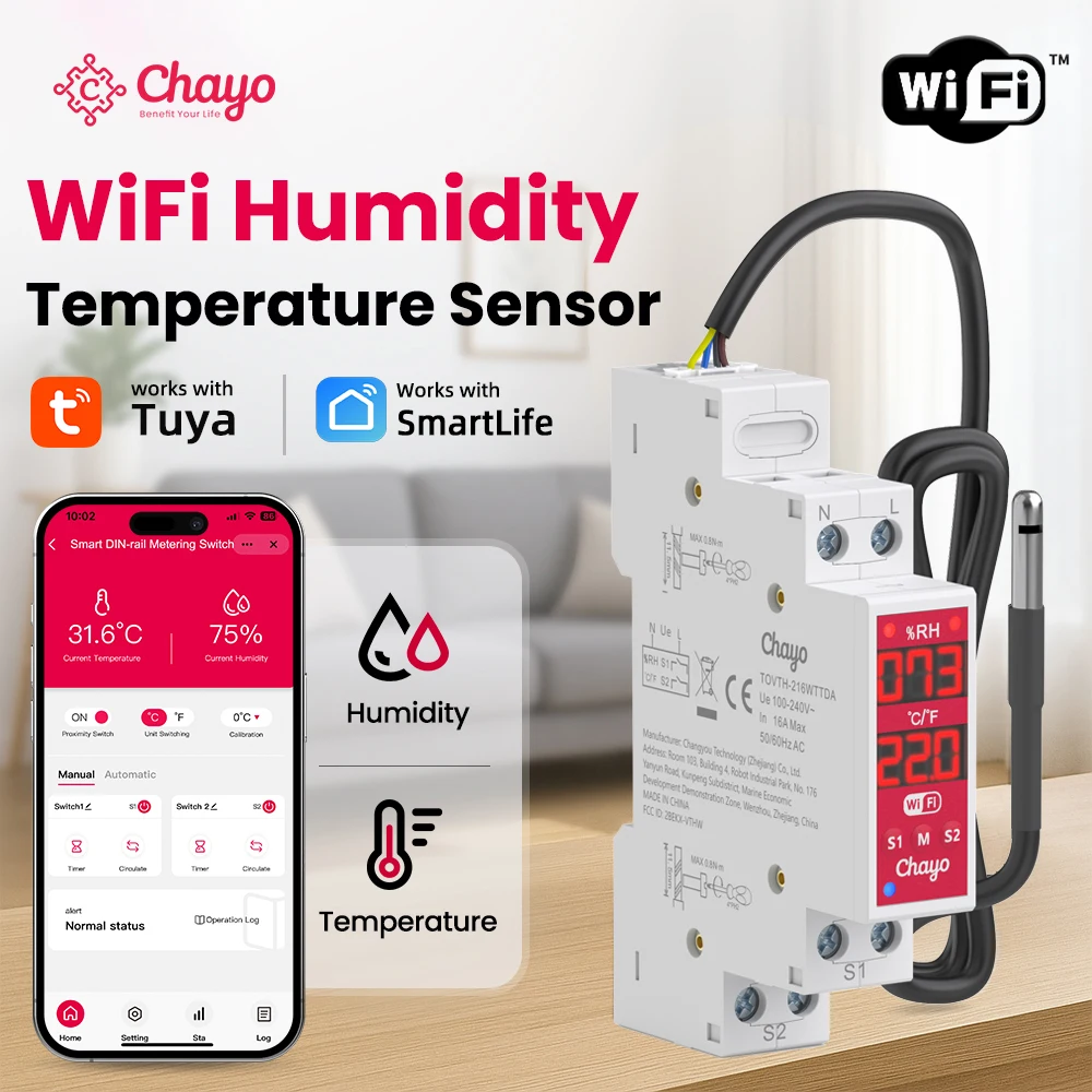 18mm DIN Rail WiFi Smart Temp Humidity Switch Chayo Tuya 2 Channel Relay Timer Alarm AC3840W DC300W Smart Life Alexa