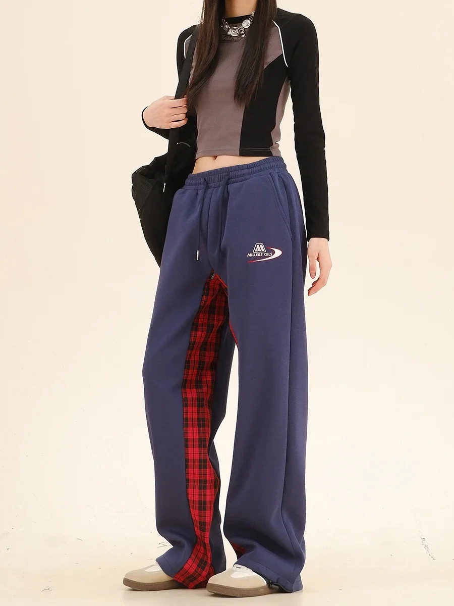 Plaid Splicing Fake Two-piece Casual Pants 2024 Autumn New Loose Bf American Retro Women