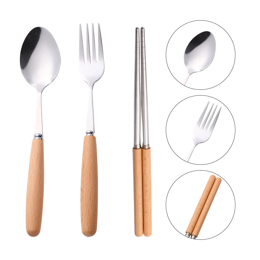 

Wooden Handle Fork Spoon Chopsticks Cutlery Dinnerware Lunch Kit Stainless Steel Portable Kitchenware