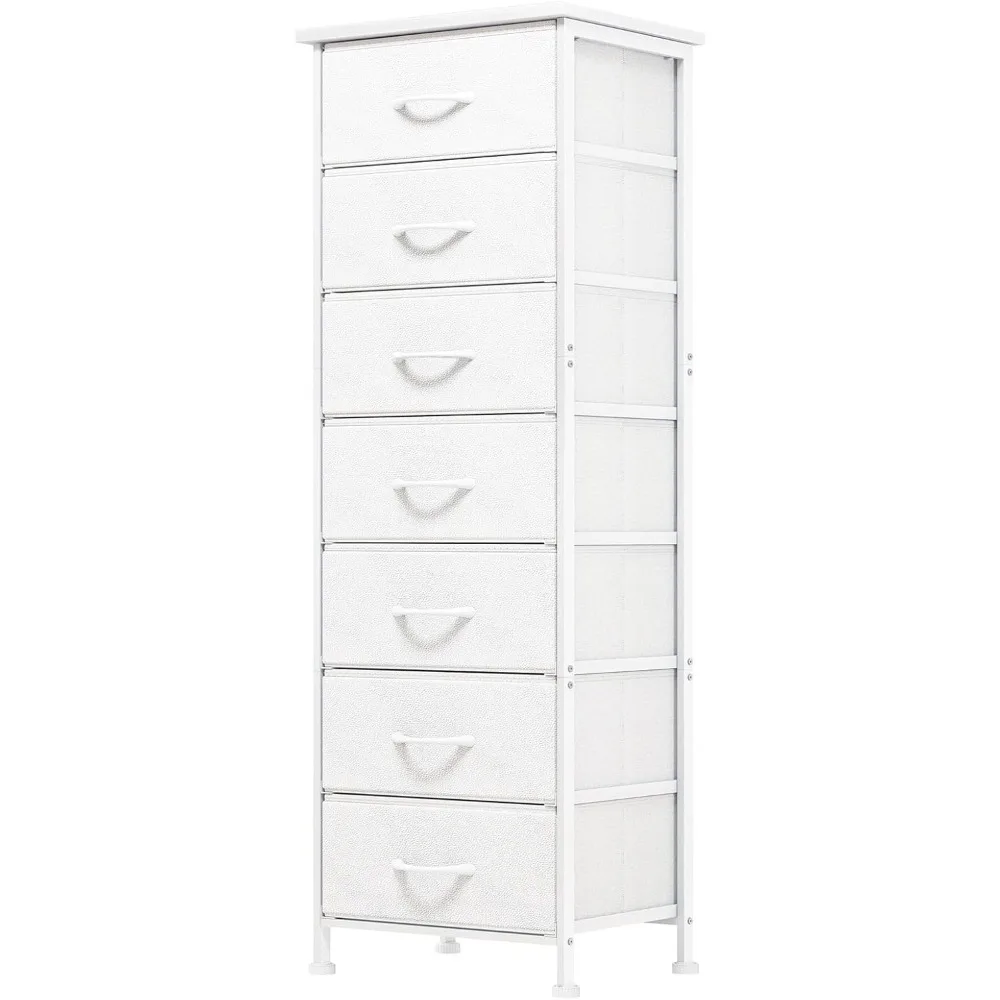 

White Tall Dresser for Bedroom, Storage Dresser Organizer with 7 Fabric Drawers, Nightstand Furniture in Closet, Entryway, Hall