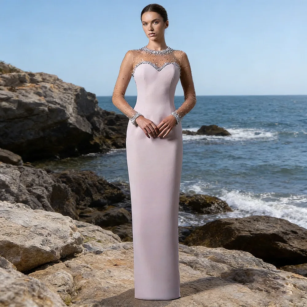 Evening Dress 2026 New European and American Fashion Mesh Splicing Beads Pink Long Dress