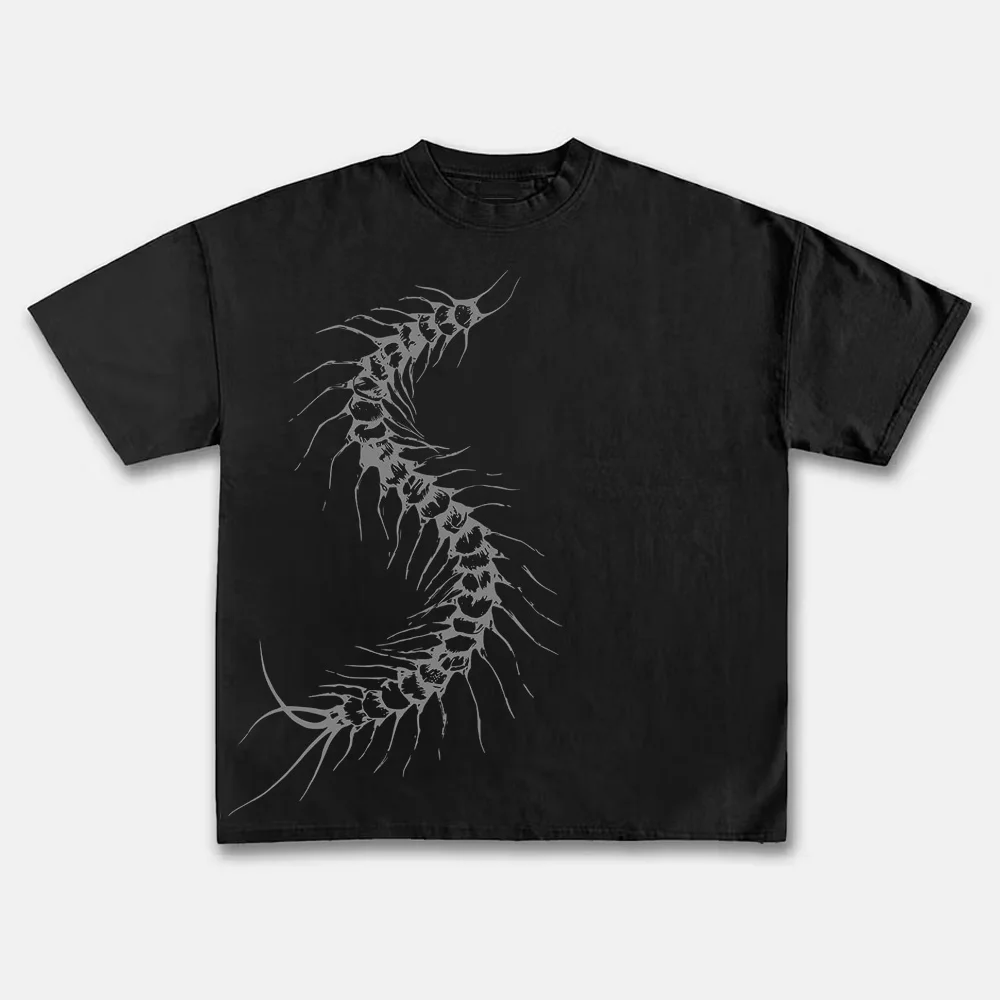 Vintage Dark Centipede Skeletal Insect Graphic Cotton Print T-shirt Men Y2K Summer Short Sleeves Oversize T-shirt  Tee Tops
