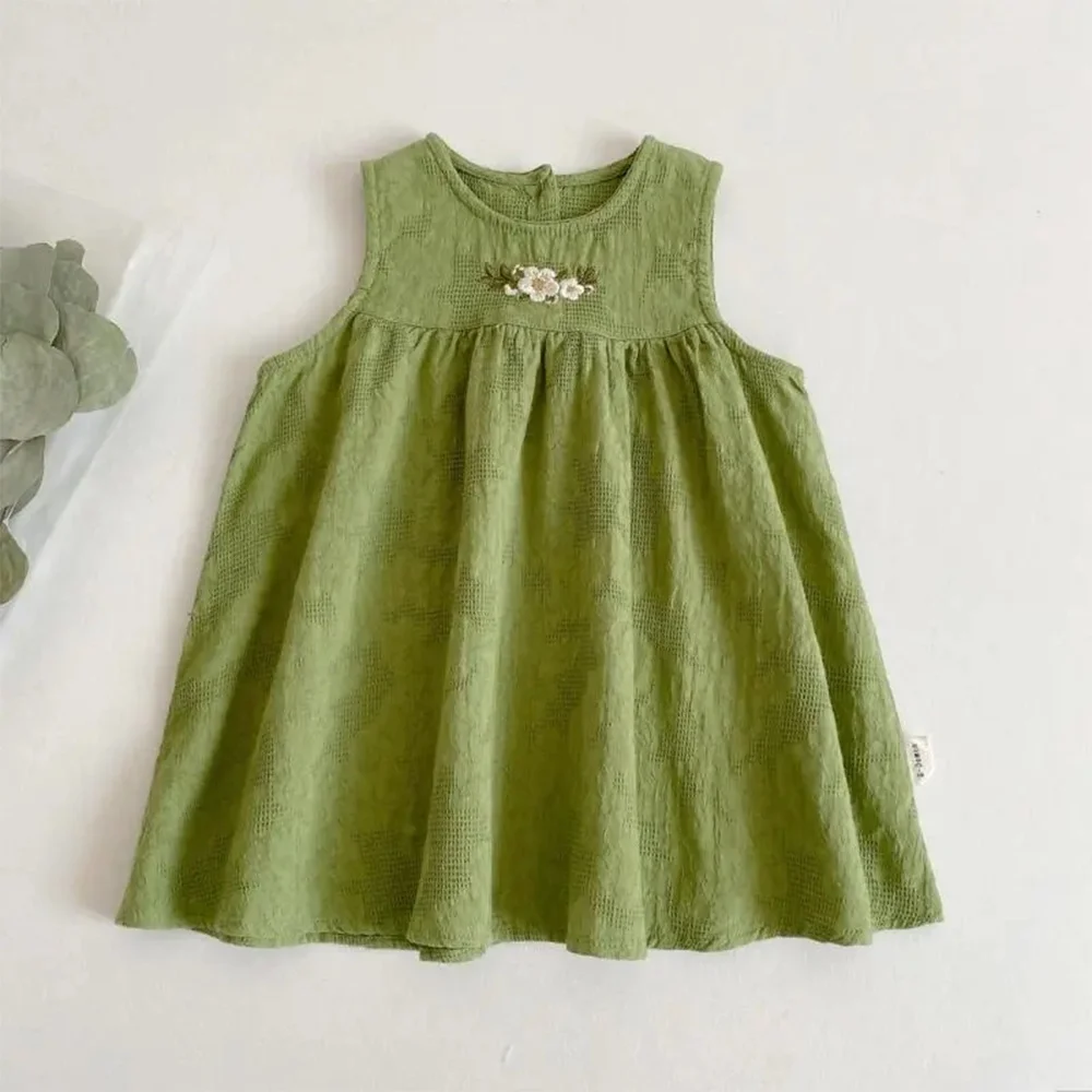 

Summer Girls Casual Solid Color Sleeveless O-Neck Embroidery Flower A-line Dress 1 Pc 2-6 Years Kids Daily Simple Clothes