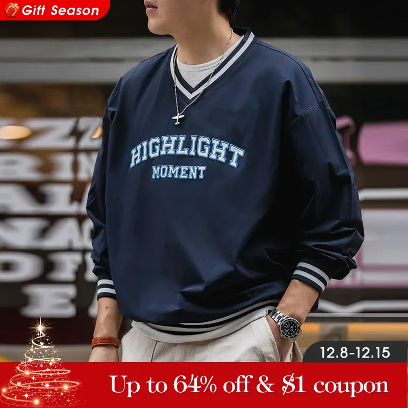 Maden Casual Hoodie V-neck Baseball Jersey Embroidered Letter Oversize Sweatshirts Vintage Long Sleeve Korean Fashion Streetwear