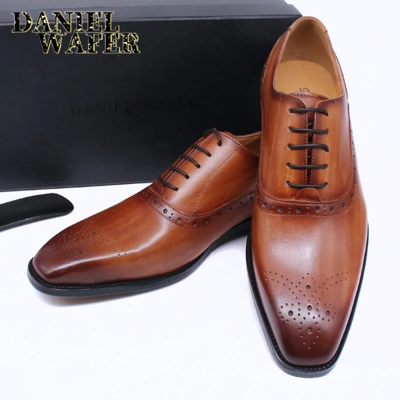 Luxury Mens Oxford Genuine Leather Shoes Black Brown Classic Shoes Brogue Lace Up Dress Wedding Office Business Men Formal Shoes