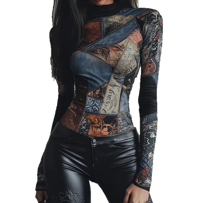 2026 New Women's Turtleneck Patchwork Vintage Print Long Sleeve Top Irregular Splicing Pattern Slim Y2K Grunge Streetwear Blouse
