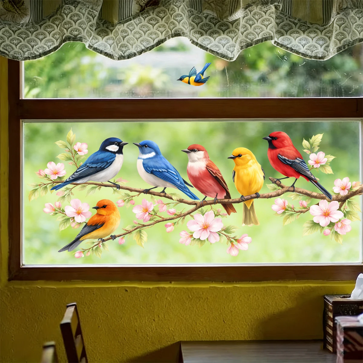 Watercolor Birds & Cherry Blossoms Window Stickers,Static Clings,Colorful Bird Floral Decals for Home Office,Spring Home Decor view 5
