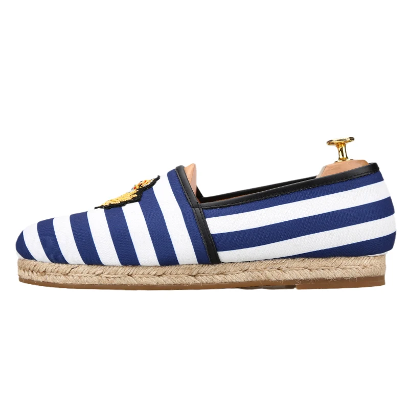 Piergitar Navy Stripe Style Canvas Men Espadrilles With Royal-Inspired Bullion Embroidered Patch Handcrafted Fisherman's Shoe
