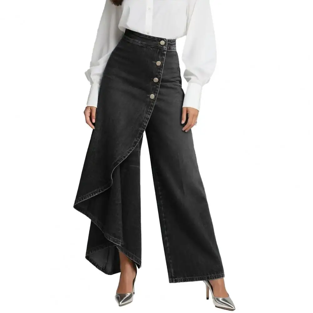 Women High Waist Jeans Flowy High Waisted Jeans for Women Asymmetrical Wrap Denim Pants with Button Up Detail Wide Leg Splicing
