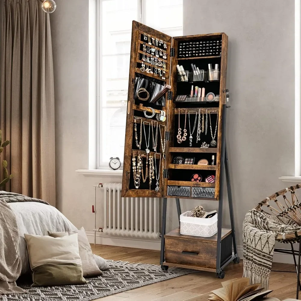 

Rolling Jewelry Cabinet with Full Length Mirror,Lockable Standing Jewelry Armoire with Wheels,Steel Legs, Lipstick Brush Storage