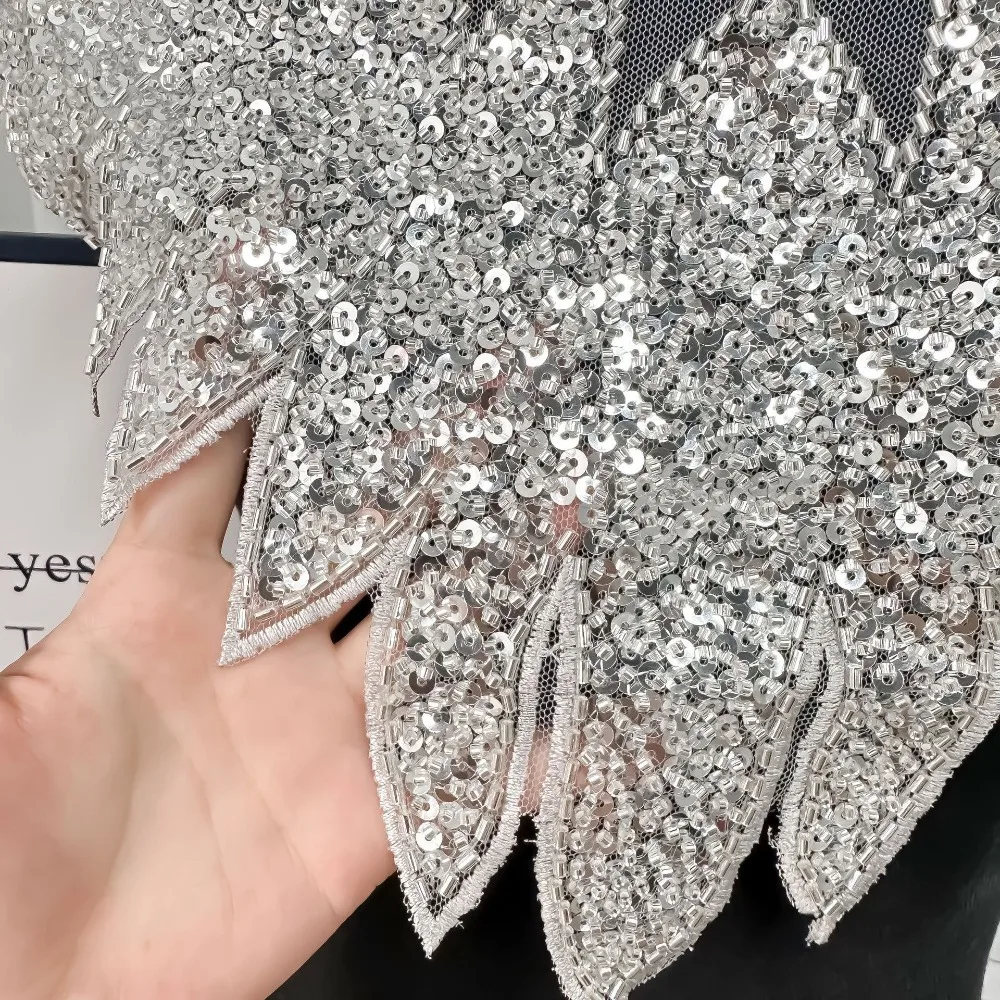 Embroidery Lace Frontal Rhinestone Applique Heavy Duty Removable Sequins Beaded Cloth Patch DIY Decoration Luxury