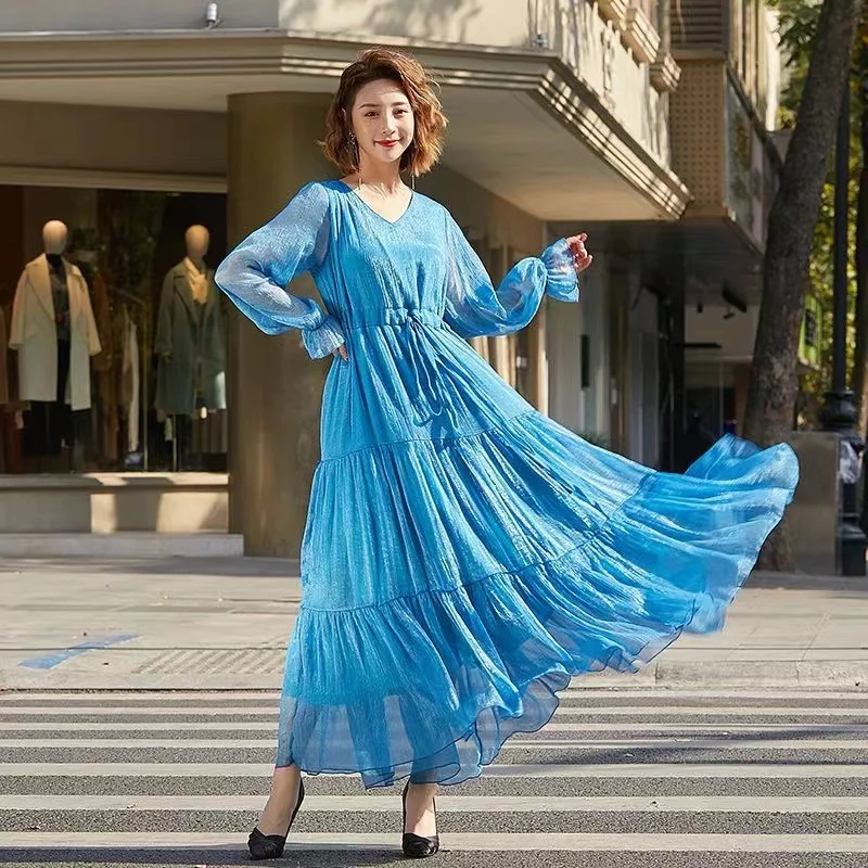 여성 여름 쉬폰 드레스 솔리드 긴팔 보헤미안 비치 드레스 해변 휴가 우아한 라지 스윙 롱 드레스 여성 의류