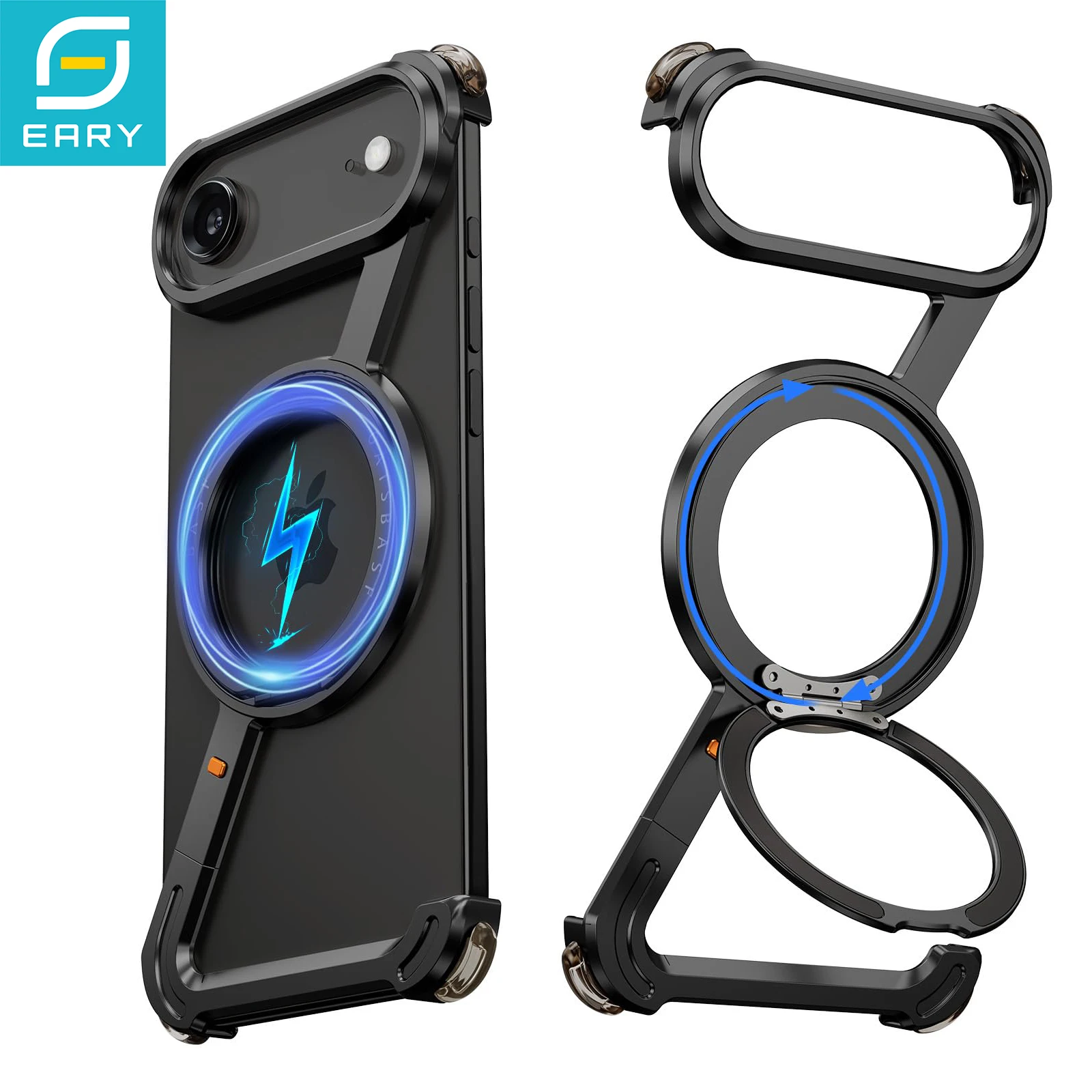 

Eary Z Shaped for iPhone Air Phone Case Frameless Metal with Magnetic Stand 360°Rotating Protective Cover Shockproof Thin Bumper
