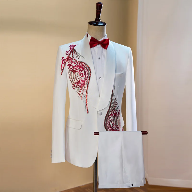 Mens Long Suits Spandex White Embroidery Slim singer Formal  Evening Party Celebration Stage Wear Fashion Performance Clothes