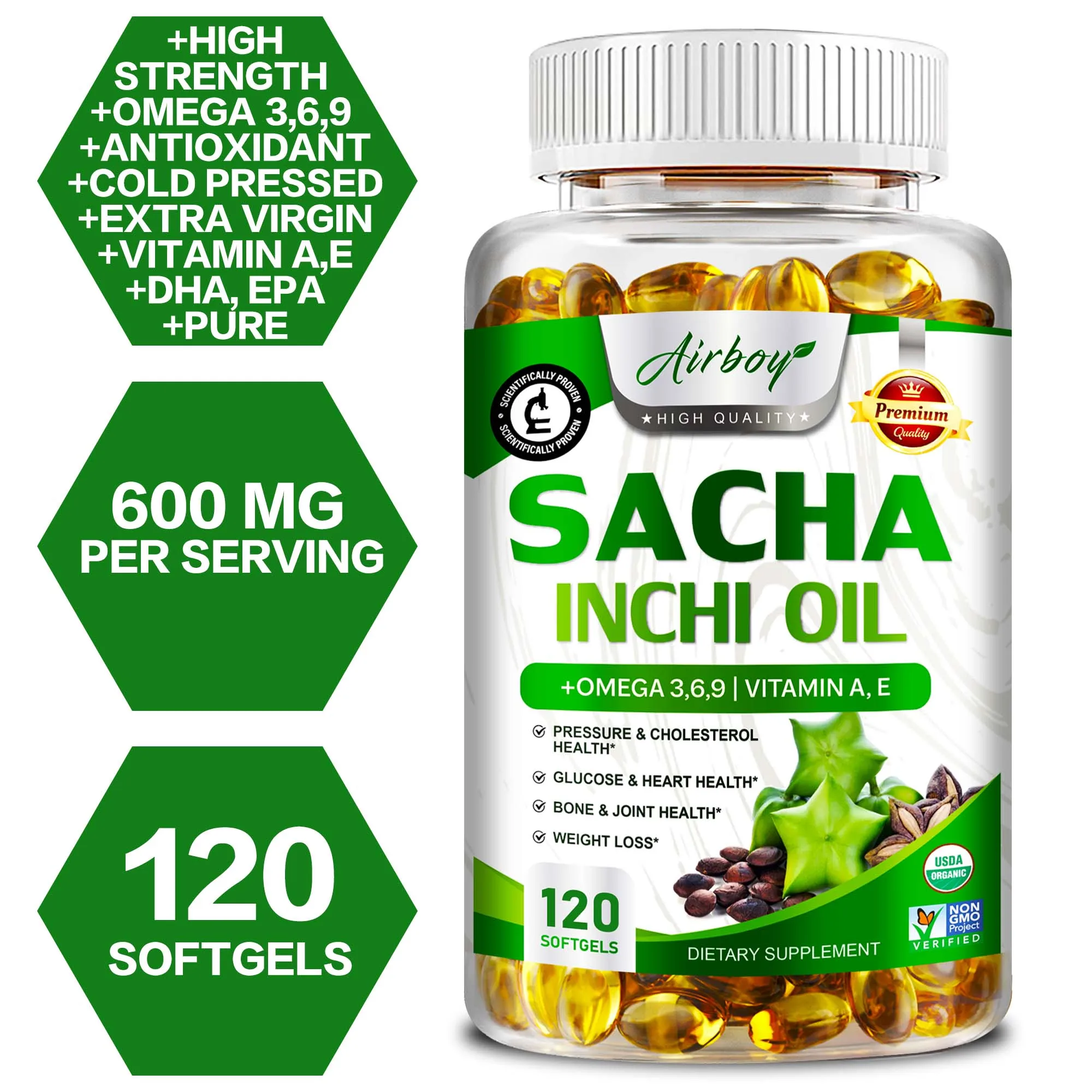 

Sacha Inchi Oil Capsules - Increases Energy Levels, Supports Brain, Heart, Eye,Skin Health,Balances Cholesterol, Boosts Immunity