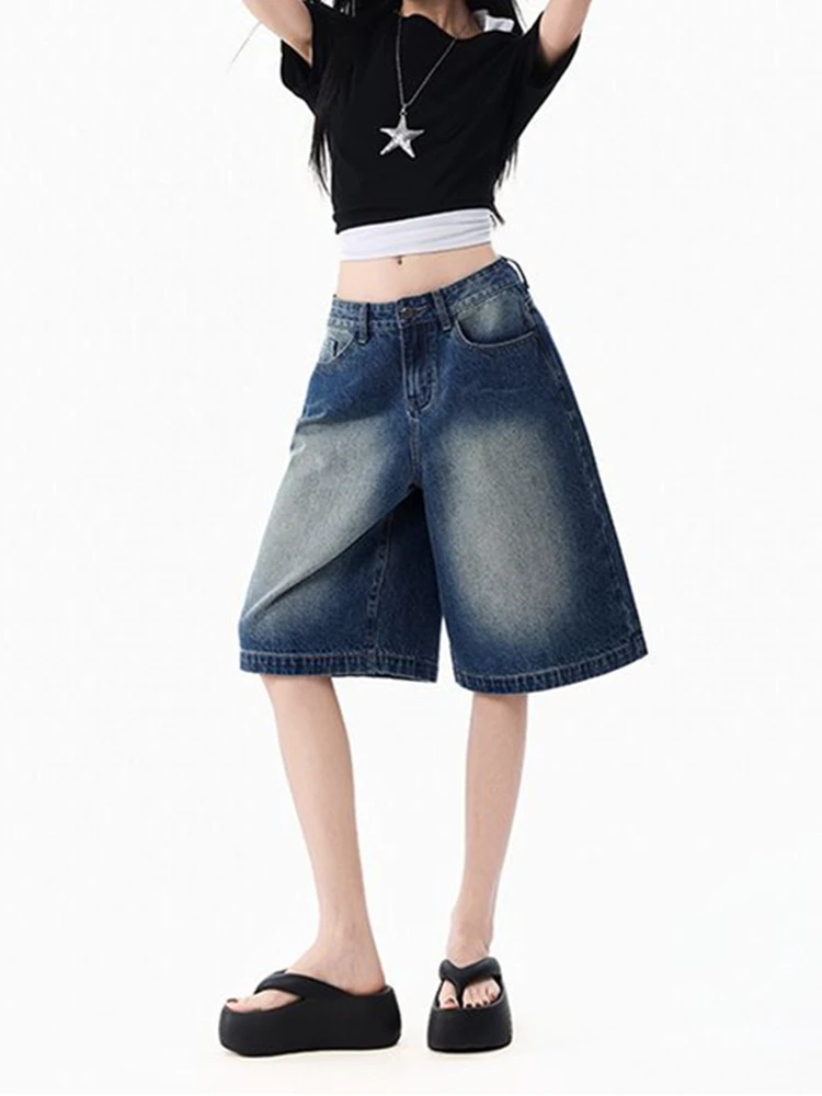FINEWORDS Casual High Waist Wide Leg Jeans Women Korean Summer Vintage Washed Denim Shorts Loose Easymatch Beach Middle Shorts