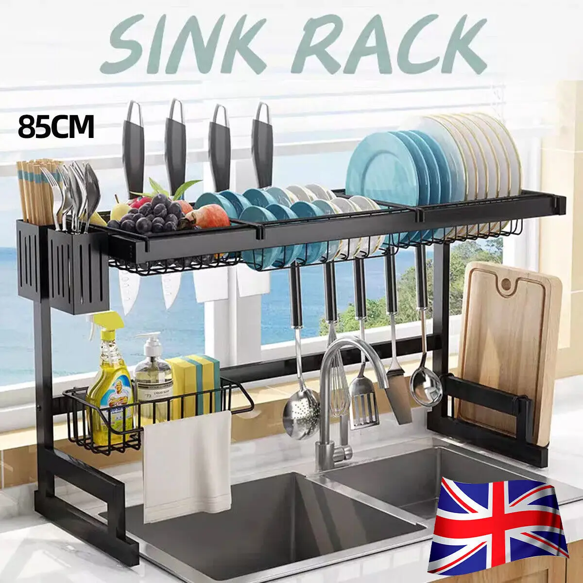 85cm Space Saving Stainless Steel Dish Rack Drainer Drying Shelf Tray Over Sink Utensil Holder Drain Kitchen Organizer