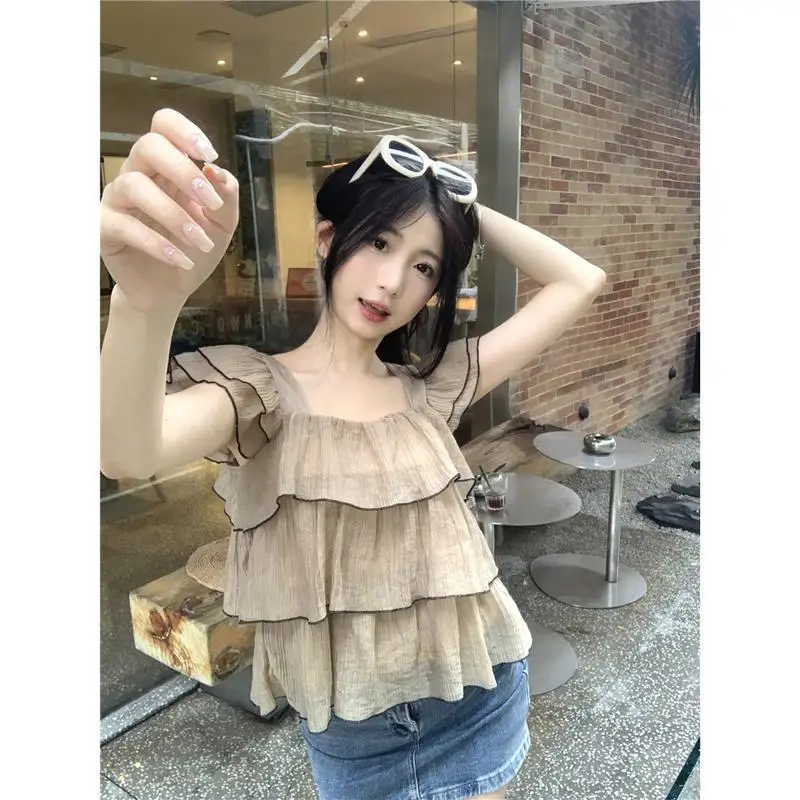 Solid Blouse Women Square Neck Patchwork Wave Up Design Loose Thin Korean Style Puff Sleeve Streetwear Fashion Simple All-match