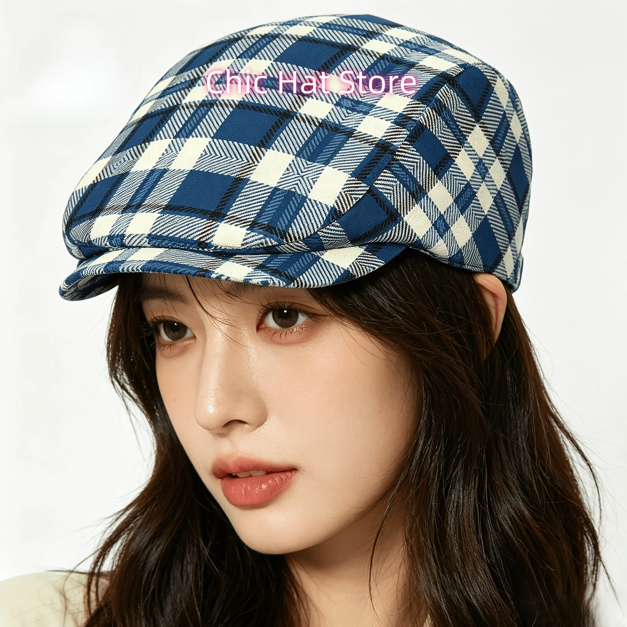 1pc Men's & Women's Blue White Herringbone Tartan All-Over Print Flat-Top Hat - Scottish Newsboy, Irish Beret, Driver with Metal