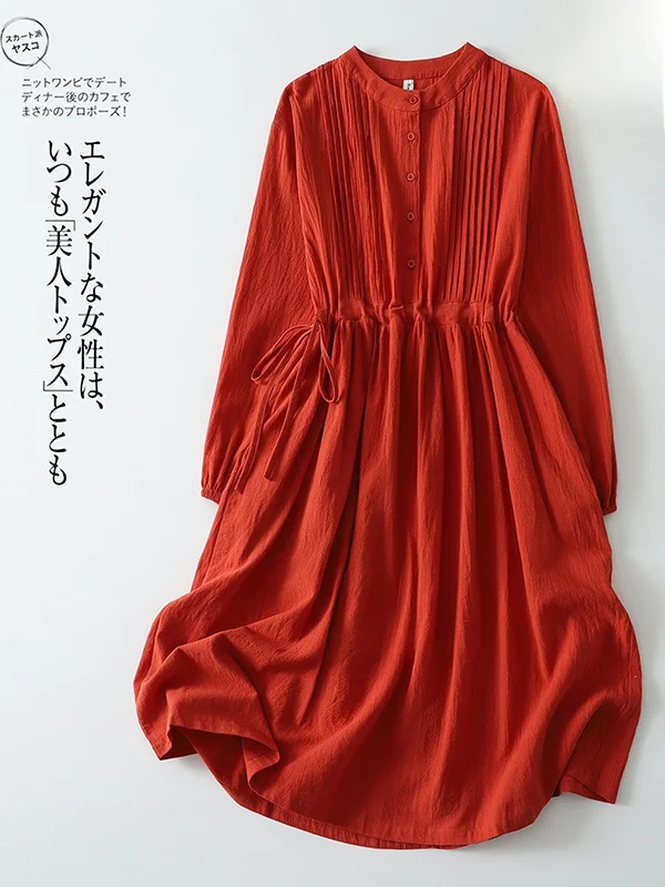 Casual Cotton Linen Long Sleeve round Neck A-Line Shirt Dress Women Spring Autumn Drawstring Waist Loose Big Hem Gown Dress