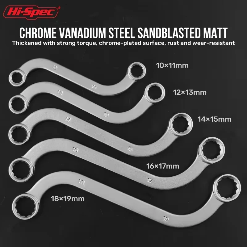 5Pcs S-Type Offset Ring Wrench Set, CR-V Steel Drop Forged, Double Ring Spanner Kit for Auto Motorcycle Home Repair
